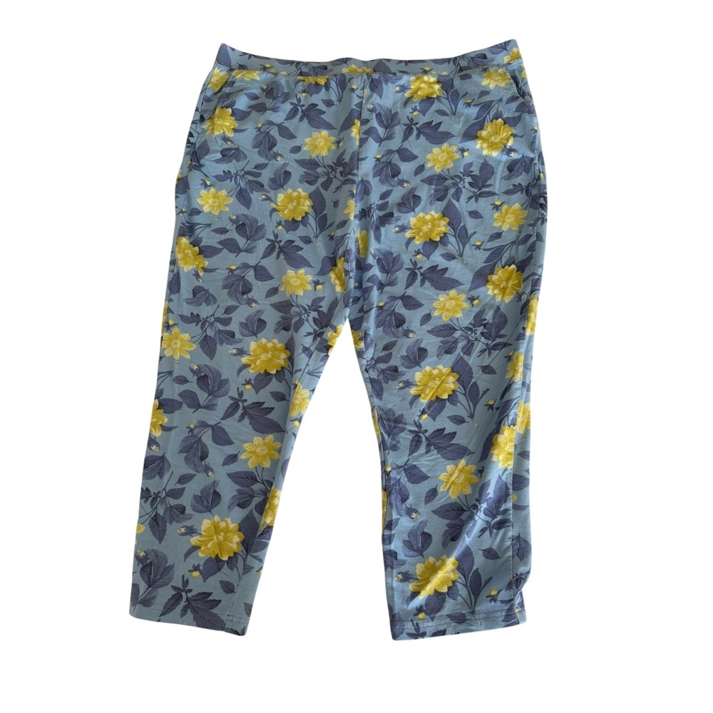 Denim & Co Active Floral French Terry Crop Pants Blue Yellow Plus‎ Size 2X